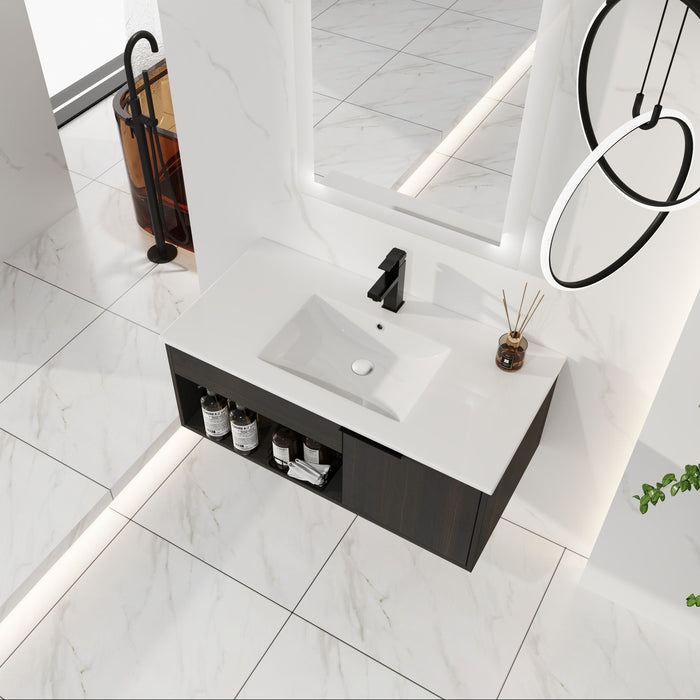 Wall Mounted Floating Bathroom Vanity With Open Shelf & Soft Close Door