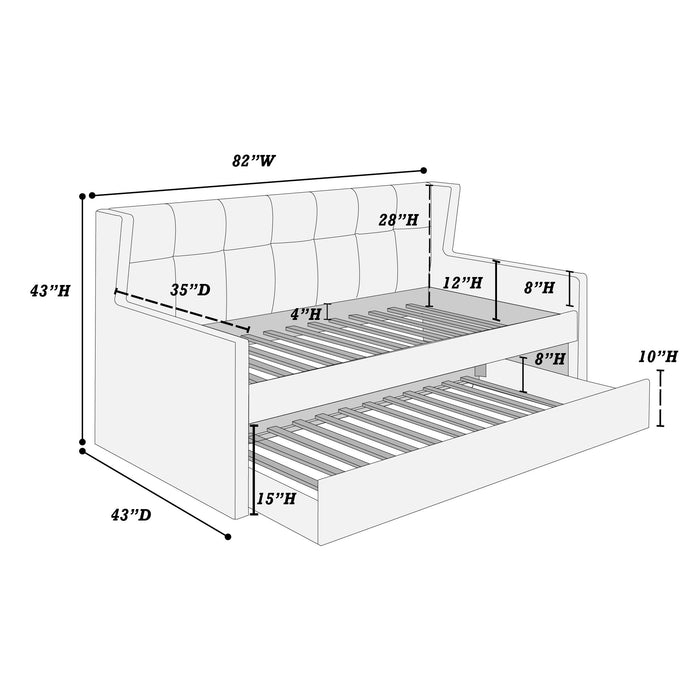 Daybed With Slat Trundle, Button Tufted - Light Gray