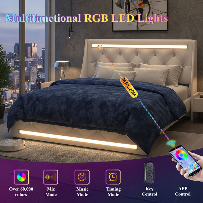 Wingback Upholstered Bed Frame With LED Lights, Charging Station