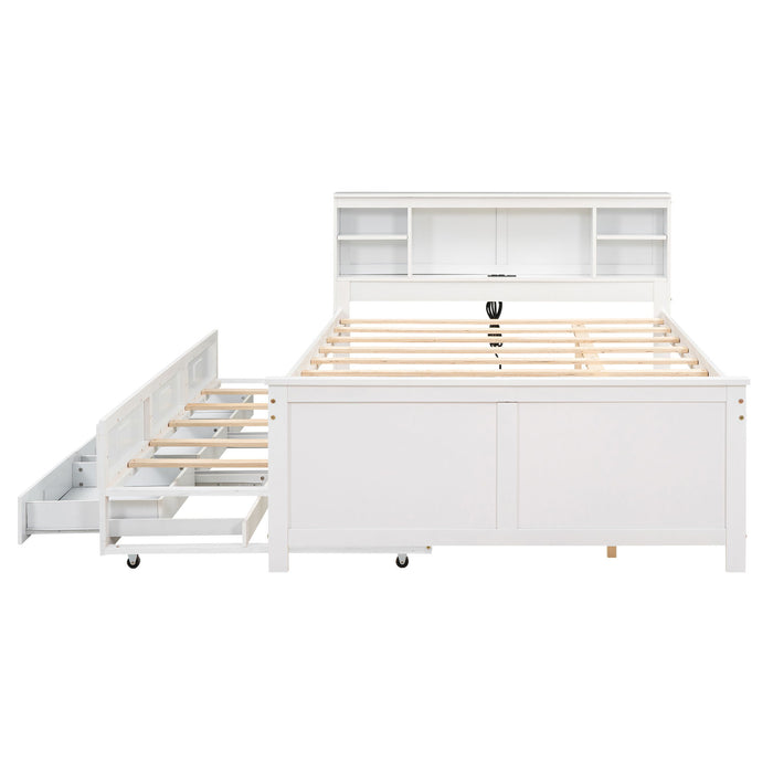 Platform Bed With Storage Headboard, USB, Trundle And 3 Drawers