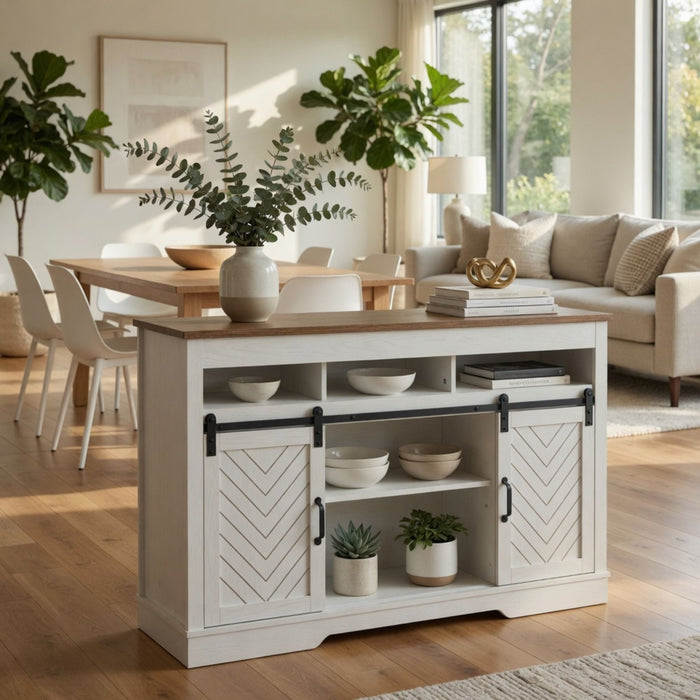 TV Stand With Sliding Barn Doors And Adjustable Storage - White / Oak