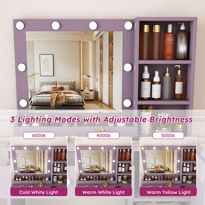 Vanity Desk Set With Padded Stool And Adjustable LED Mirror, 3 Color Light Modes - Purple