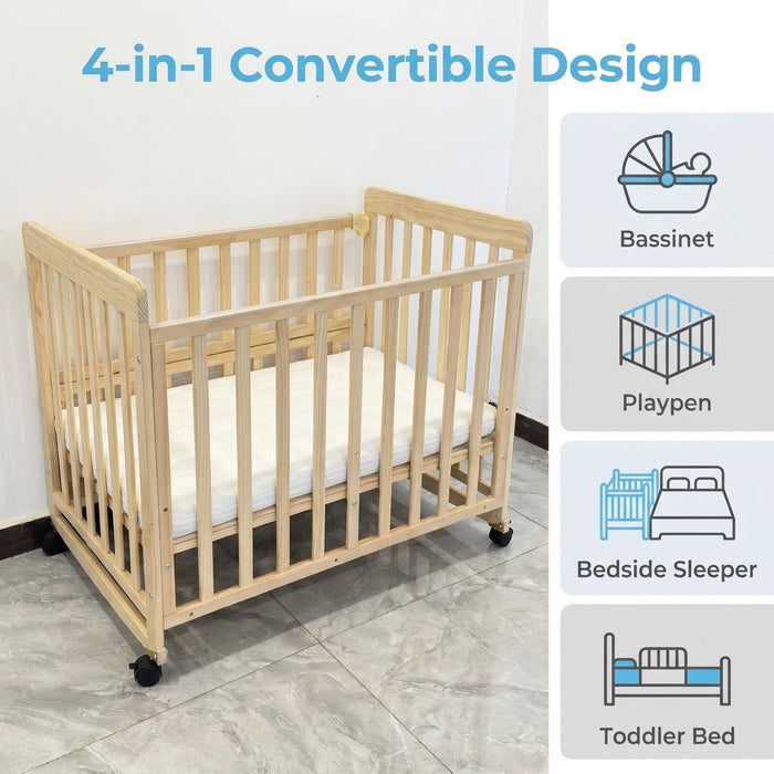 Portable Bedside Bassinet With 3 Adjustable Heights, Mini Crib For Newborns - Natural Wood