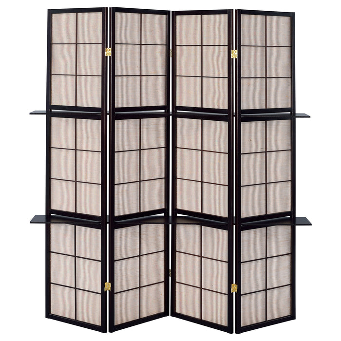 4 Panel Folding Screen With Shelves - Brown