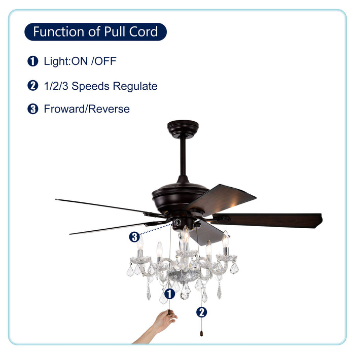 52" Crystal Shade Ceiling Fan Lamp, 3 Speed, 4 Timing, 5 Reversible Blades Crystal Ceiling Fan, 5 Pieces X E12 (No Include Bulb), Hand Pull Chain - Matte Black