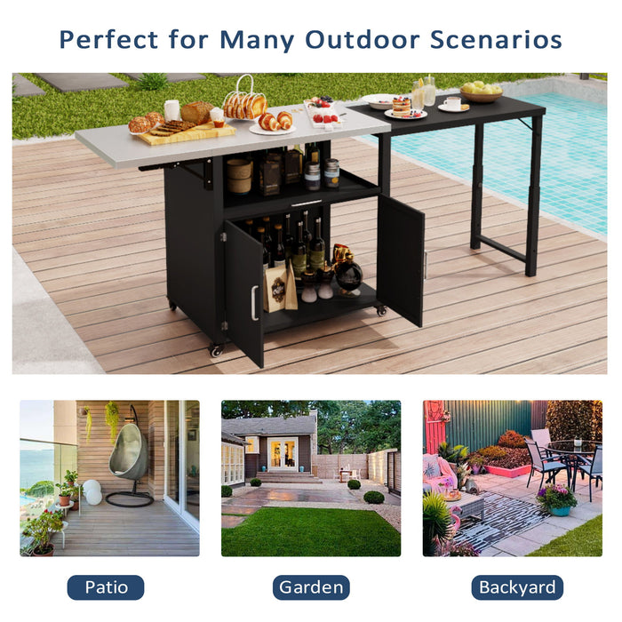 Versatile Outdoor Cabinet With Folding & Expandable Work Surfaces, Ample Storage Space, And Lockable Wheels - Matte Black
