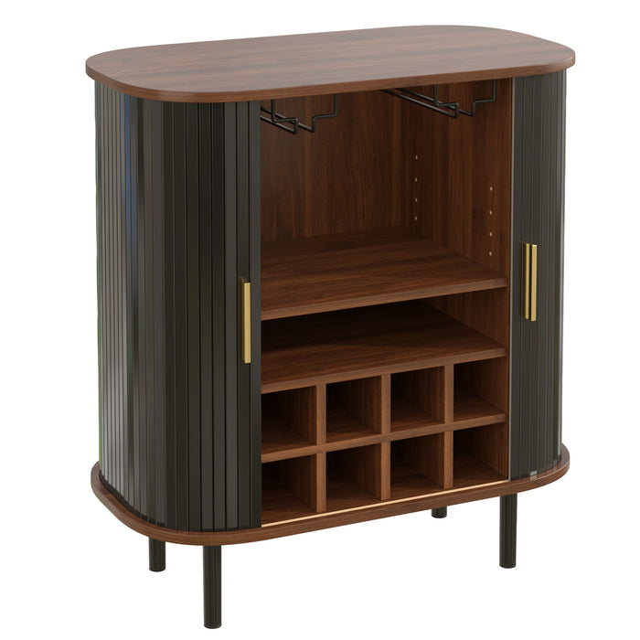 Fluted Wine Bar Cabinet With 8 Grid Wine Rack, 5 Level Adjustable Shelves, 2 Glass Holders
