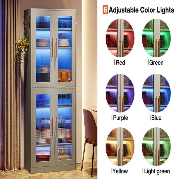 Bookcase With Doors And LED Lighting, 8 Adjustable Shelves Storage Cabinet