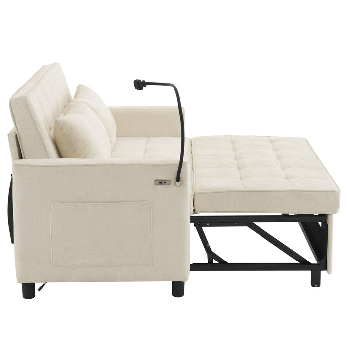 Pull-Out Sleeper Sofa With Reversible Backrest Cushion, Side Pockets, 2 USB Ports And A Phone Holder For Living Room