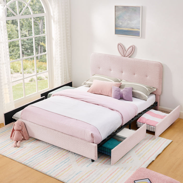 Upholstered Bed With Oversized Rabbit Ear Headboard, LED Lights & 4 Storage Drawers