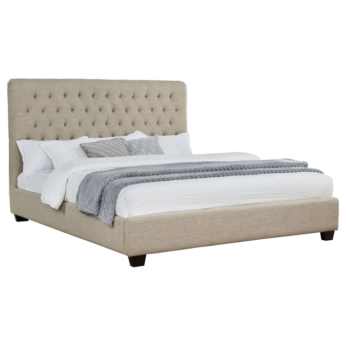 Upholstered California King Bed With Tufted Headboard And Birch Legs - Oatmeal
