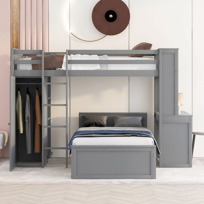 Loft Bed With A Stand Alone Bed, Shelves, Desk, And Wardrobe