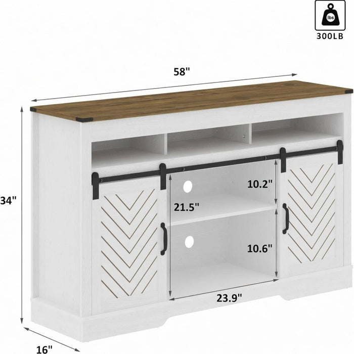 TV Stand With Sliding Barn Doors And Adjustable Storage - White / Oak