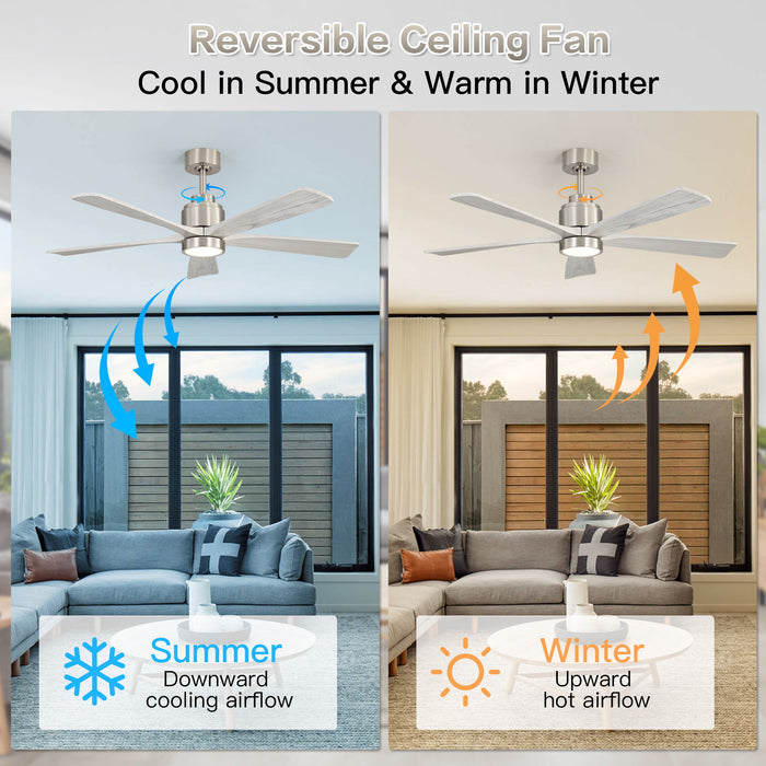 Ultra Quiet Reversible Ceiling Fan With Light Dimmable LED For Large Room - Brushed Nickel