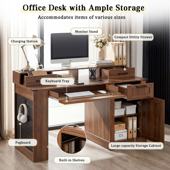 Office Desk With Storage Cabinet, Charging Station, Monitor Stand & Pegboard