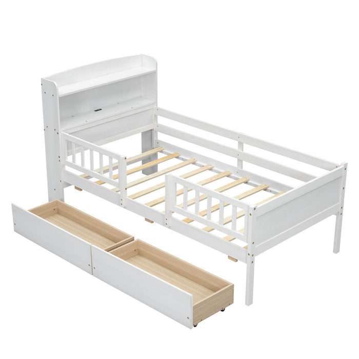 Platform Bed With LED Light, Multi Functional Headboard, Guardrail And 2 Drawers