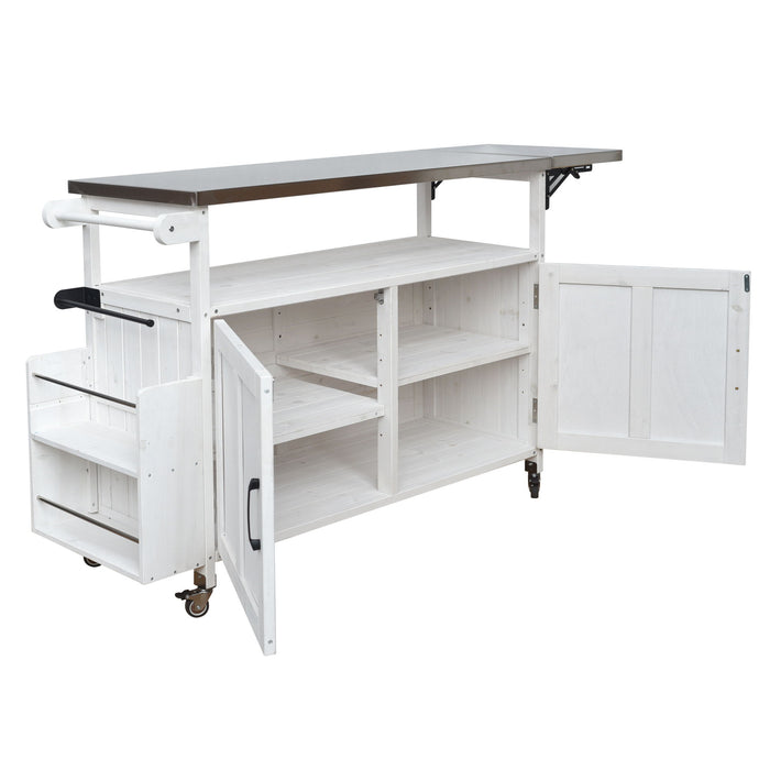 Foldable Outdoor Kitchen Island With Lockable Wheels, Storage Cabinet And Towel Rack For Patio