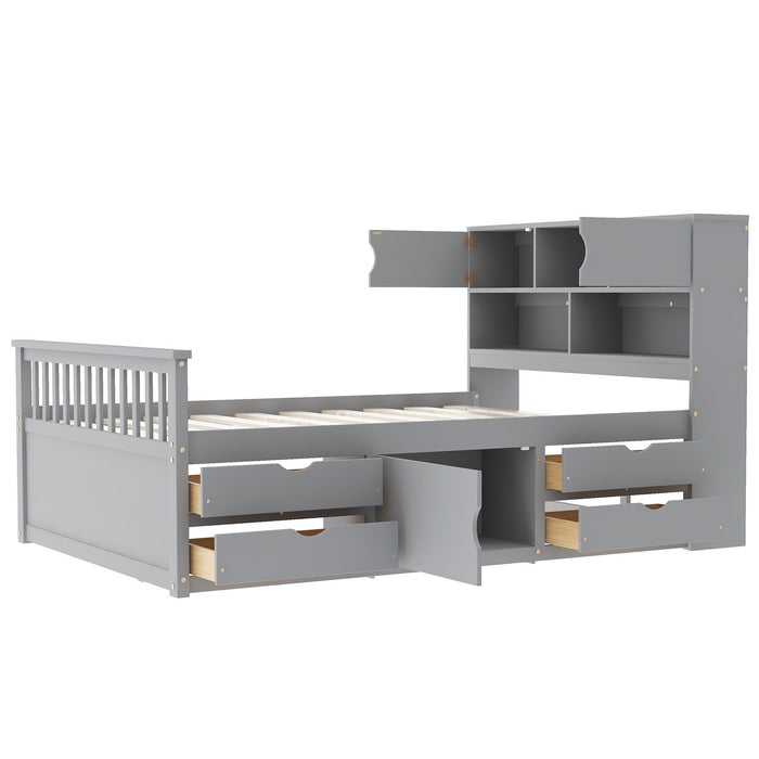 Captain Platform Bed Frame With Bookcase Headboard, 4 Drawers, Storage Shelves