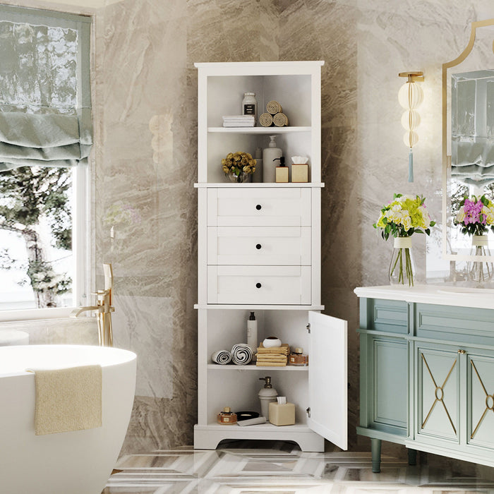 Tall Storage Cabinet With 3 Drawers And Adjustable Shelves For Bathroom