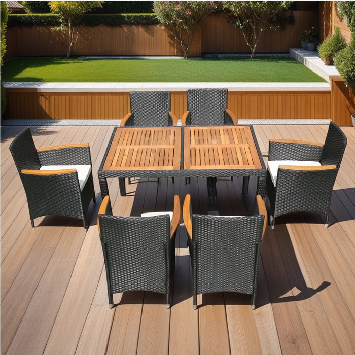 Outdoor Patio Wicker Dining Set With Acacia Wood Top