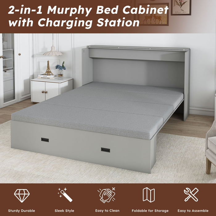 Murphy Bed With Storage Drawers And Charging Cabinet, Foldable Panels, Swivel Wheels