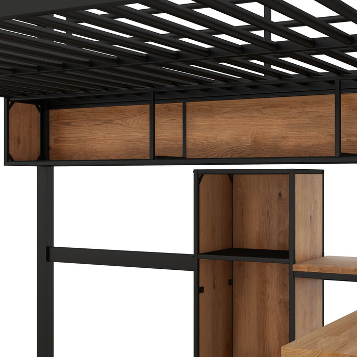 Full Size & Loft Bed With L-Shaped Desk And Shelves - Black