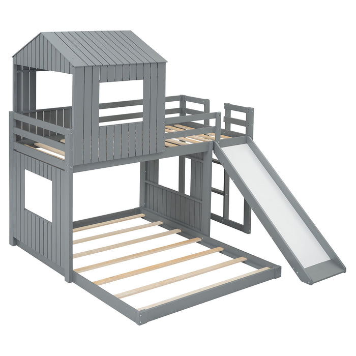 Loft Bunk Bed With Playhouse, Farmhouse, Ladder, Slide And Guardrails