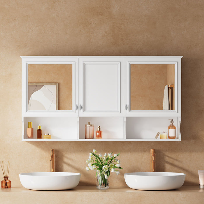 Wall-Mounted Mirror Medicine Cabinet With Adjustable Shelf And Open Shelves, Bathroom Storage Cabinet Over Toilet - White