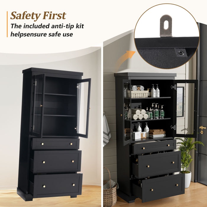 Freestanding Tall Bathroom Cabinet With Adjustable Shelves, Drawers, Soft Close Glass Doors