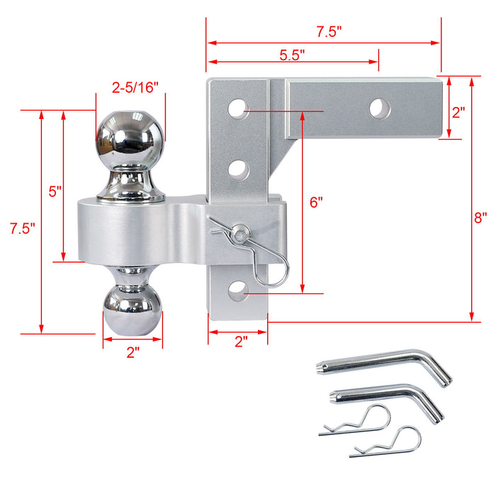 Alu - Adjustable Trailer Drop Hitch With 2" Receiver, 6" Adjustable - Silver