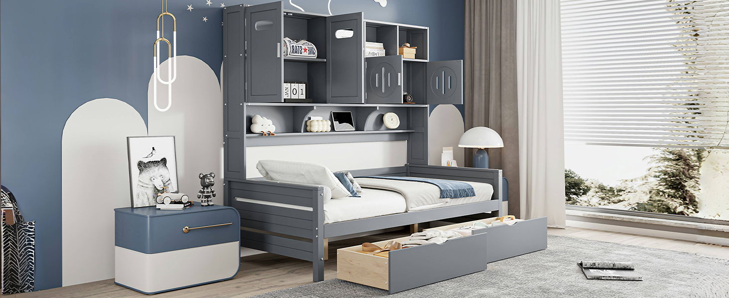 Daybed With All-In-One Cabinet And Shelf
