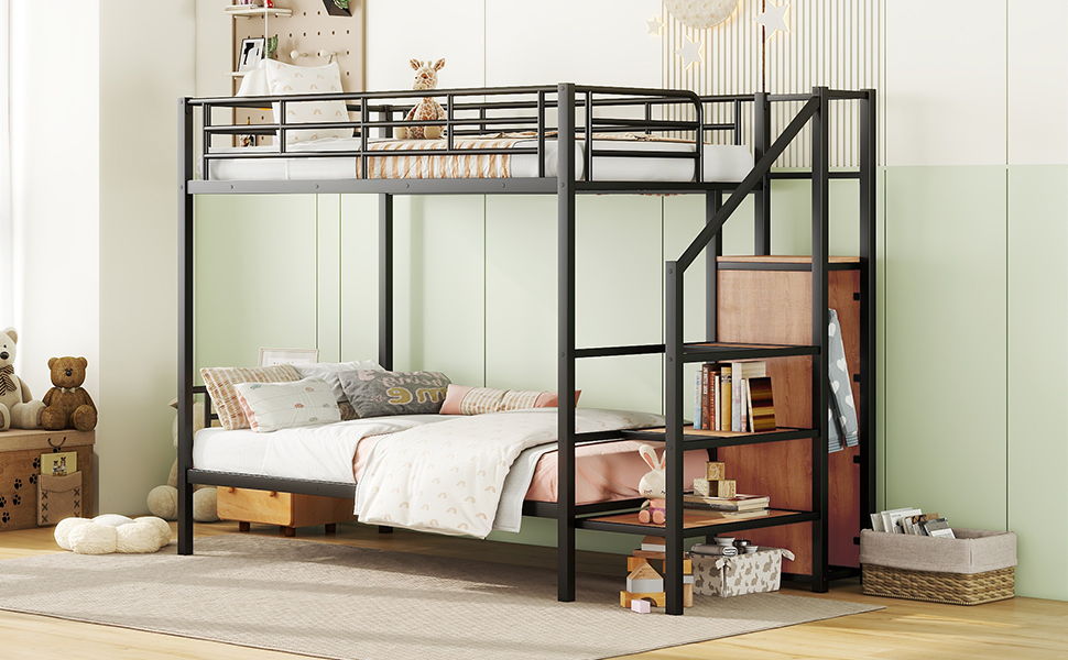 Bunk Bed With Lateral Storage Ladder And Wardrobe