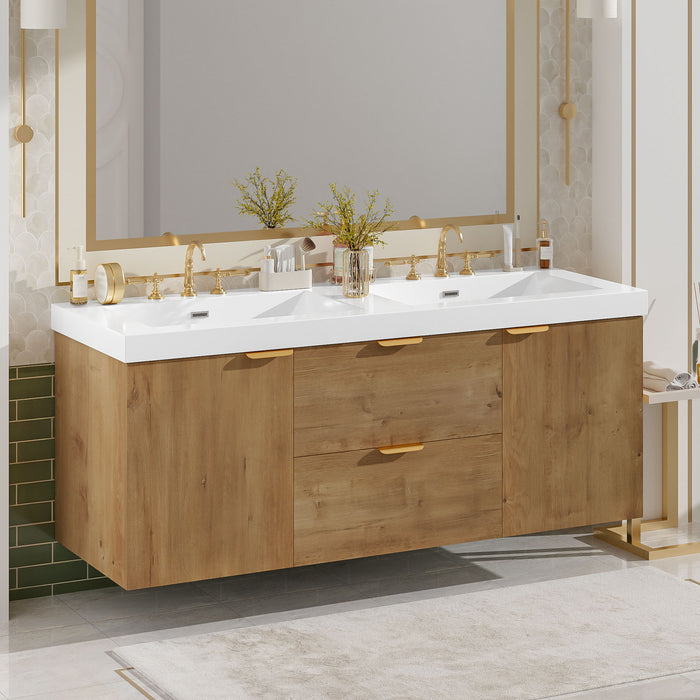 Double Sink Bathroom Vanity Soft Close Doors, Divided Drawers, Wall Mounted - Wood