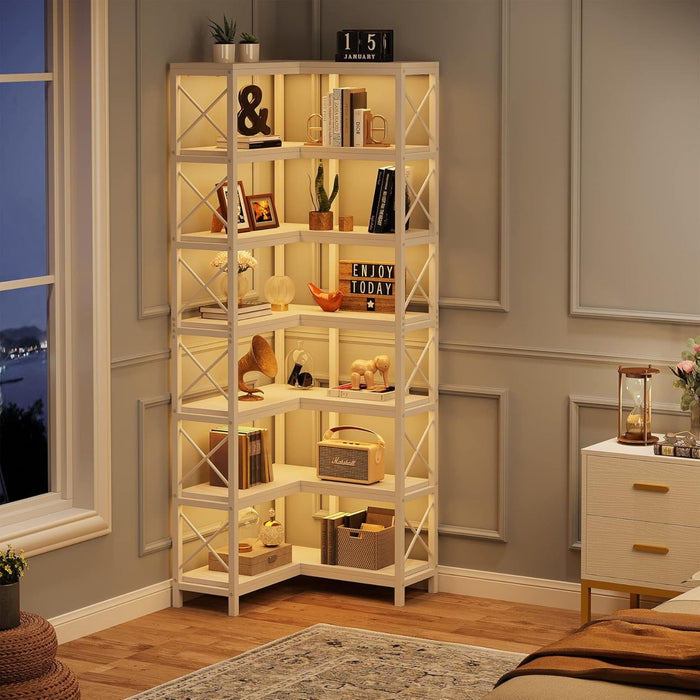 7 Tier Corner Bookshelf, Storage Unit For Living Room