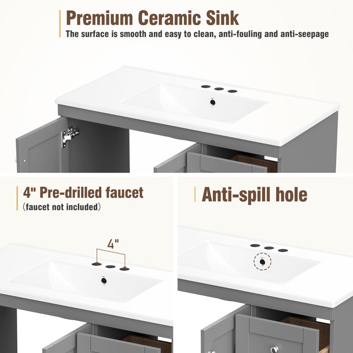 Shaker Free Standing Bathroom Vanity Cabinet With Sink, Soft Close Drawers, Soft Close Doors