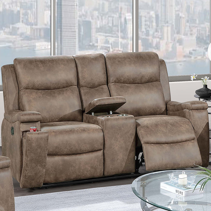 1 Piece Manual Motion Loveseat With Hidden Cup Holders, Plush Back Cushion - Auburn