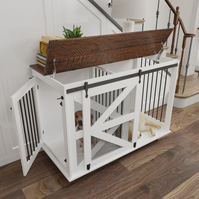 Mobile Dog Crate With Flip Top Feeding Door, Dual Access & 5 Caster System (2 Locking) - Brown White