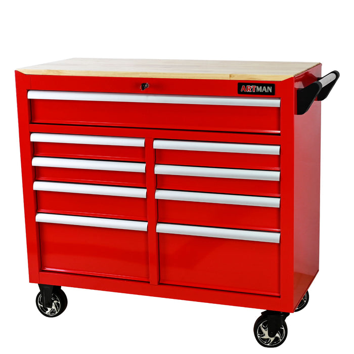 9 Drawer Multifunctional Steel Tool Cart With Wheels And Wooden Top