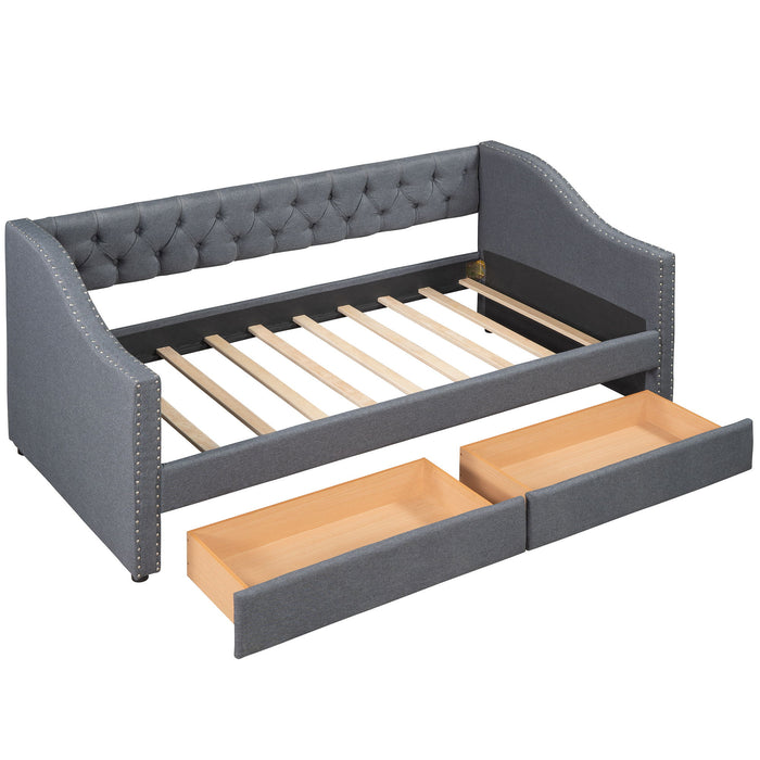 Twin Size Upholstered Daybed With Two Drawers, Slat Support - Gray