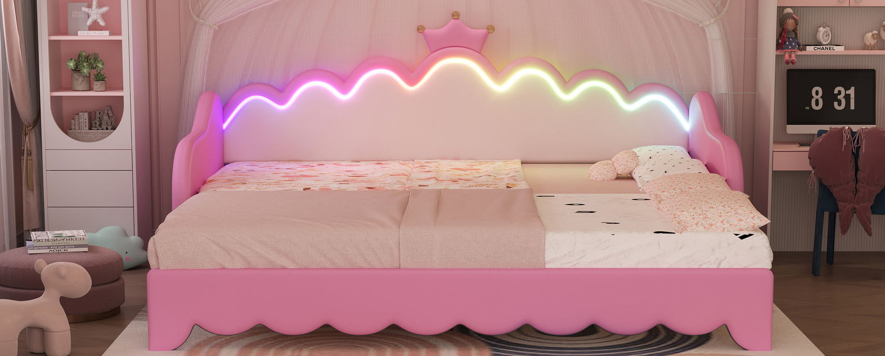 Extending Daybed With LED Lights, Modern Upholstered Princess Daybed With Crown Headboard