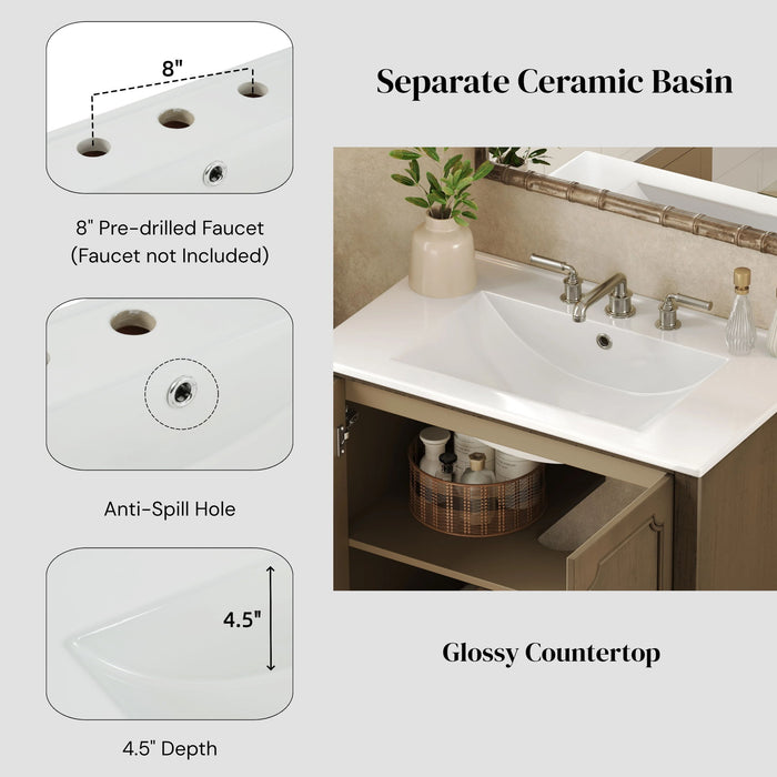 Vintage Bathroom Vanity With Ceramic Sink, Adjustable Shelves