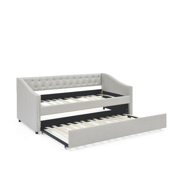 Upholstered Tufted Daybed With Drawers, Waved Arms