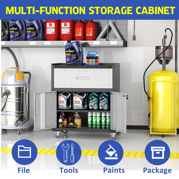 Sturdy And Durable Metal Tool Cabinet For Garage With Wheels Mobile Heavy Duty Storage Cabinet With 1 Drawer And 2 Locking Doors