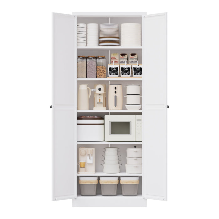 Kitchen Pantry Cabinet With Doors, Heavy-Duty Freestanding Storage Organizer With 5 Adjustable Shelves, Tool Free Assembly - White