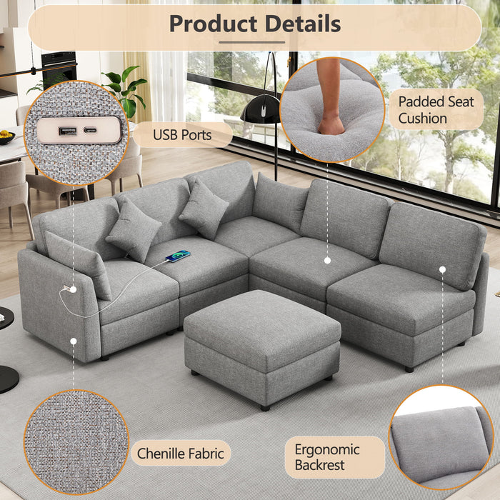 Sectional Sofa Modular U-Shaped With Ottoman & USB Ports