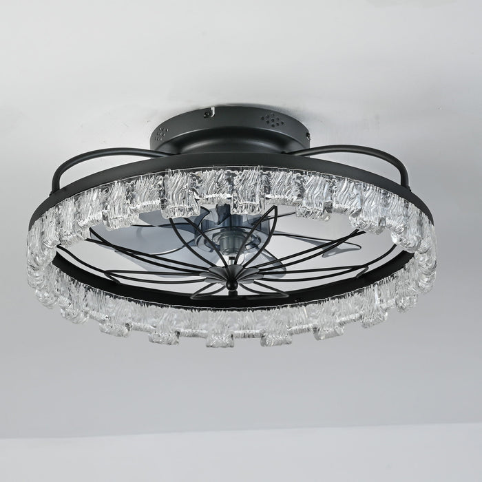 Ceiling Fan With Light, Flower Caged Ceiling Fan With Remote, LED Low Profile Ceiling Light - Matte Black