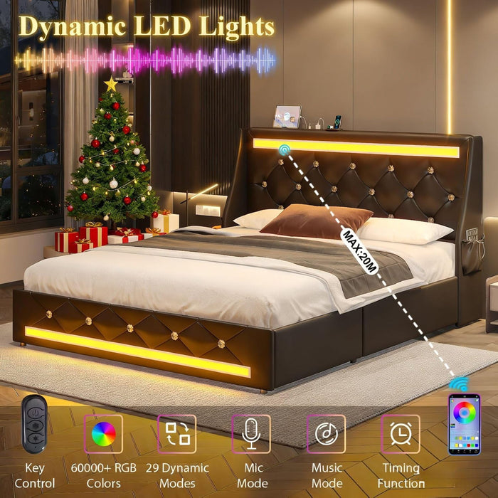 Wingback Upholstered Bed Frame With LED Lights, Charging Station