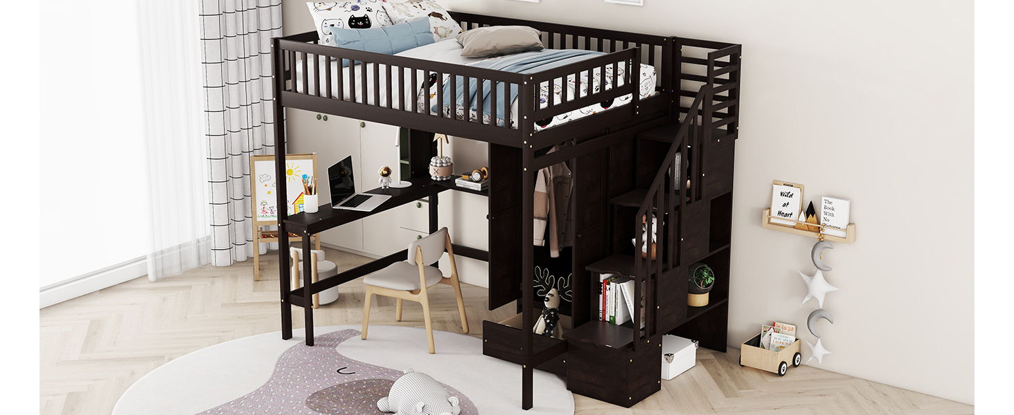 Loft Bed With Bookshelf, Drawers, Desk, And Wardrobe