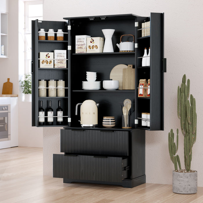 Fluted Kitchen Pantry Cabinet With 2 Large Drawers & 8 Door Spice Rack Freestanding Storage Organizer - Black