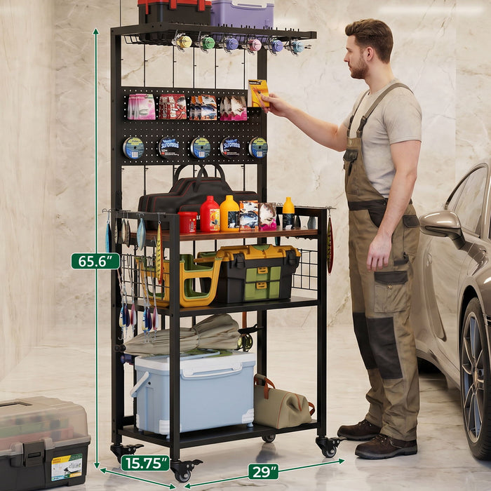 Fishing Rod Storage Rack With Pegboard, Rolling Tackle Organizer Cart - Black